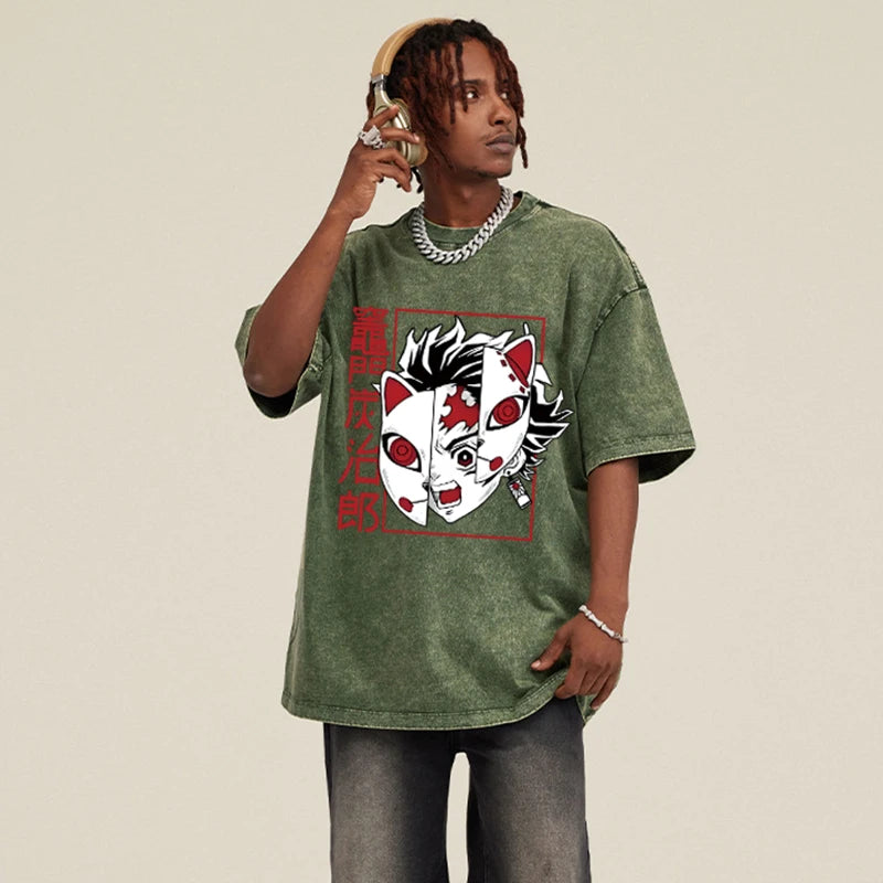 Anime - Demon Slayer T-shirt Oversized Acid Washed Tee Print Retro Vintage Punk & Gothic Unisex Adults' Hot Stamping 100% Cotton